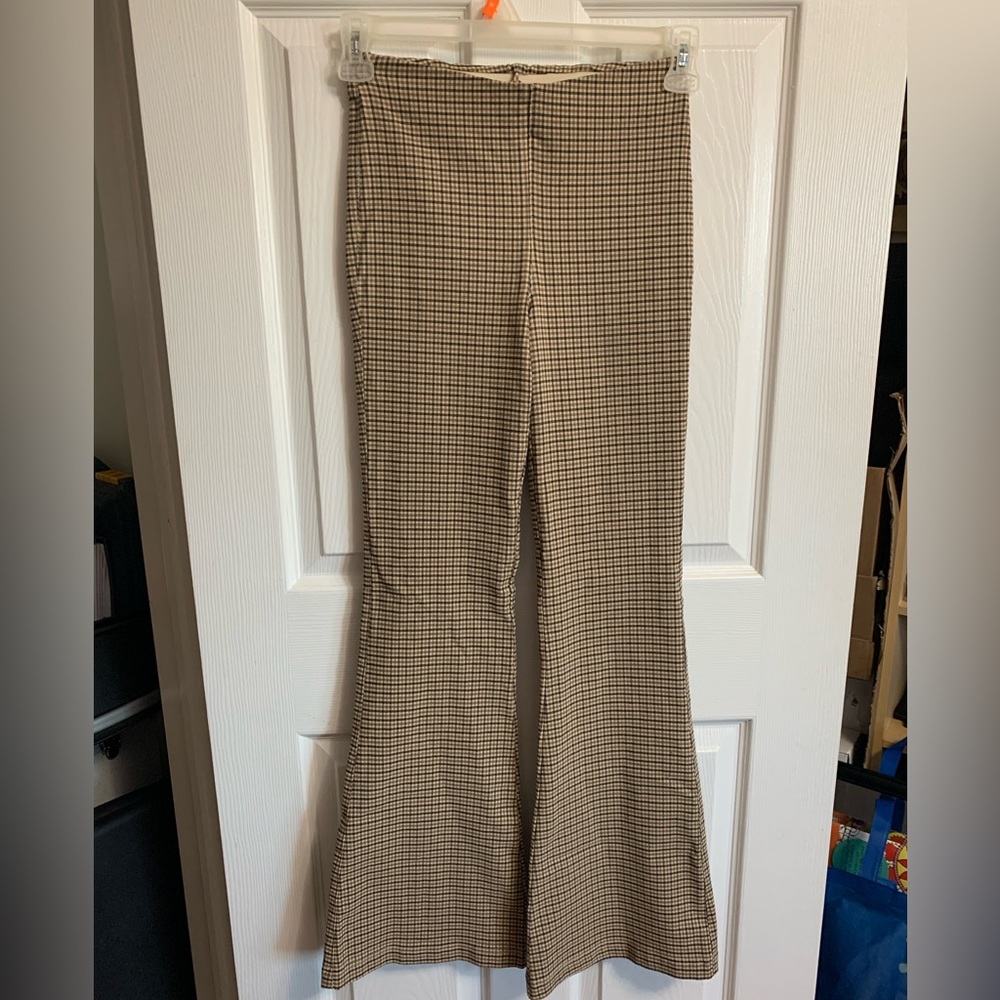 Brown/tan plaid pants with flared legs